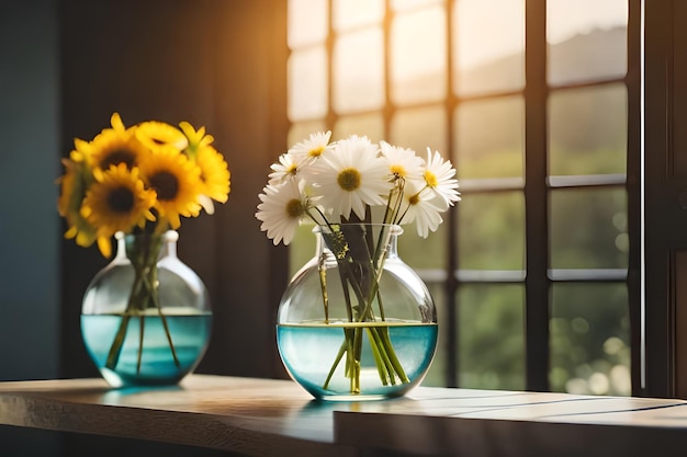 fiori in un vaso con acqua e sole che splende attraverso la finestra