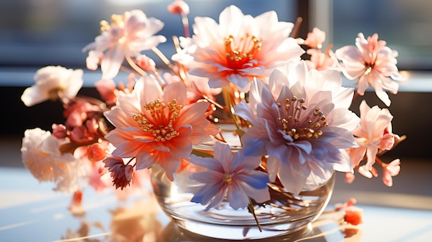 Fiori in un vaso di cristallo su uno sfondo bianco del tavolo