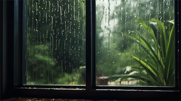 Fiori in un vaso e gocce di pioggia sulla finestra