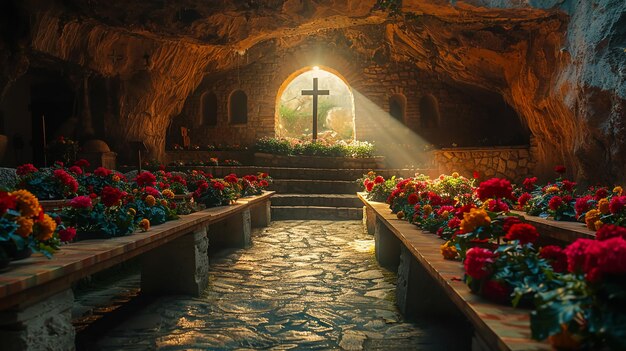 fiori in una chiesa con una croce sullo sfondo