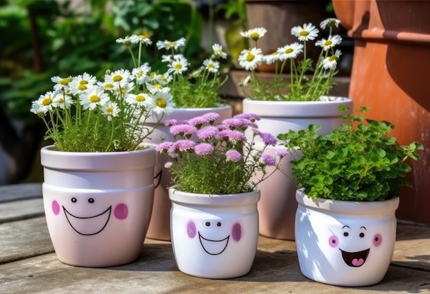 Fiori in vasi con simpatiche faccine sorridenti