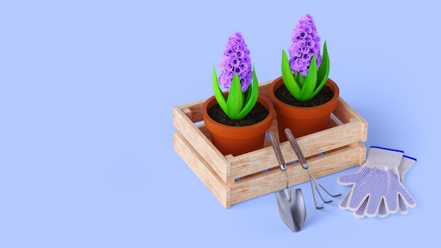 Fiori in vasi di ceramica in scatola di legno con vista frontale degli attrezzi da giardino rendering 3d