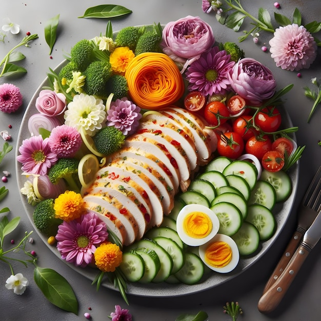 Fiori insieme a fette di pollo cucinate salate con verdure sulla scrivania grigia