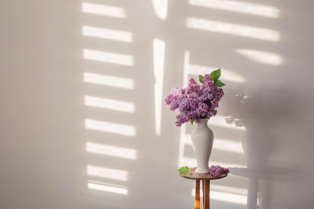 Fiori lilla in vaso bianco su sfondo bianco muro