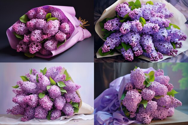 Fiori lilla realistici in un bouquet nella confezione