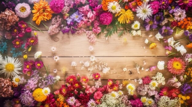 Fiori luminosi colorati su una tavola di legno