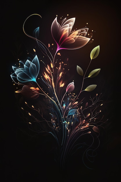 Fiori luminosi illustrazioni art design per poster, stampa o digitale, isolati in nero scuro