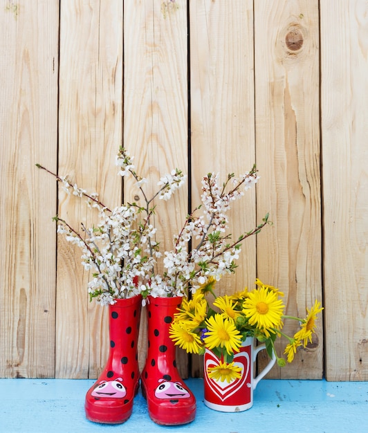 Fiori luminosi in vaso, stivali di gomma rossi su fondo in legno. Fiore di primavera ancora in vita. San Valentino