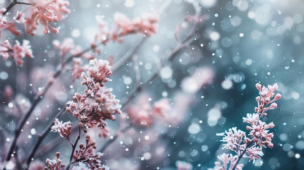 Fiori nella neve su uno sfondo sfocato DOF poco profondo