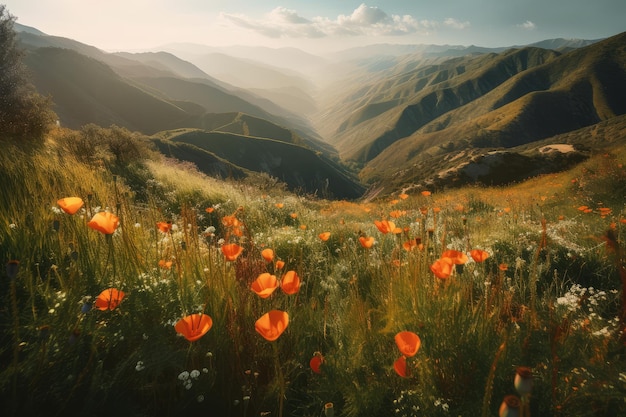 Fiori nella valle circondata da ripide catene montuose in primavera e in estate