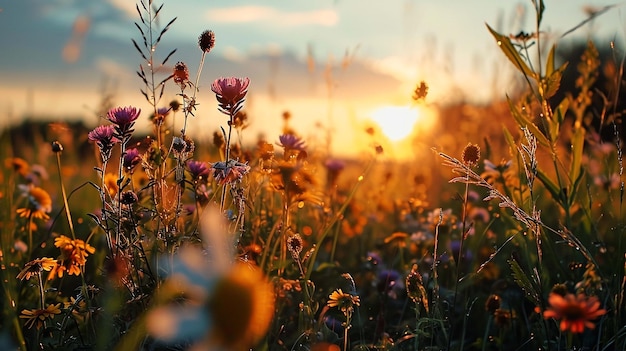 fiori prati campi piante verdi tramonto natura e paesaggio stagione di viaggio estate stile vintage