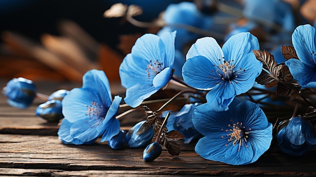 fiori primaverili blu su fondo di legno