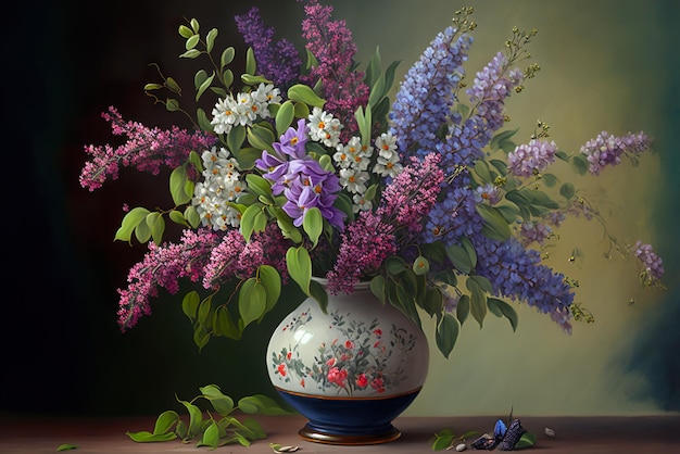 Fiori primaverili in un vaso di fiori, pittura a olio, pittura fissa, Ai generativa