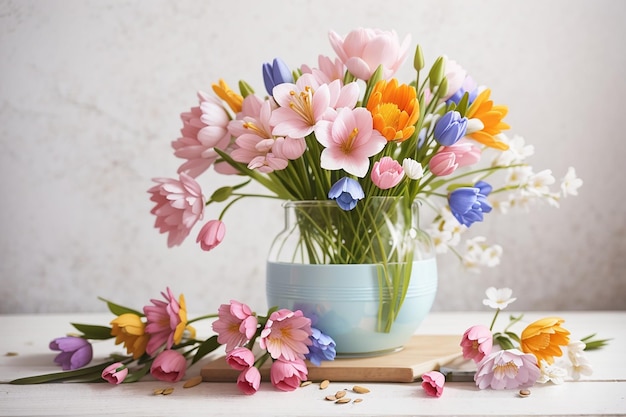 Fiori primaverili sul tavolo di legno bianco