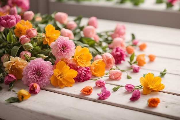 Fiori primaverili sul tavolo di legno bianco