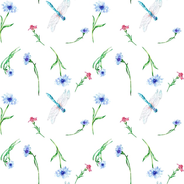 Fiori rosa blu prato con motivo acquerello libellula senza cuciture su bianco