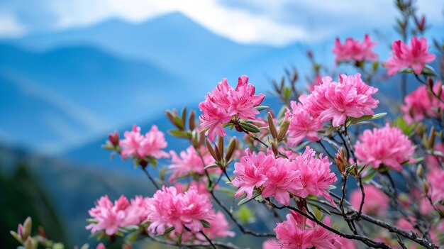 Fiori rosa che sbocciano su un albero con le montagne sullo sfondo