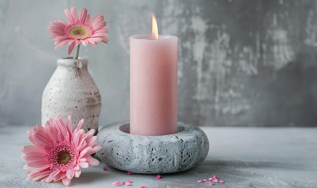 Fiori rosa con candela accesa su sfondo di cemento in stile scandinavo