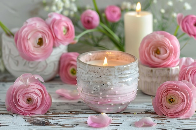 Fiori rosa con candele accese su un tavolo di legno bianco in stile scandinavo