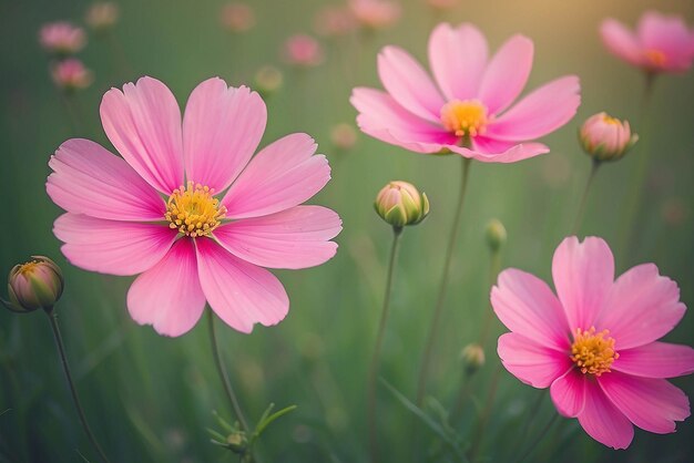 Fiori rosa del cosmo in primo piano sullo sfondo del campo in stile vintage