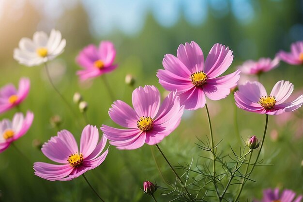 Fiori rosa del cosmo su uno sfondo primaverile sfocato con spazio di copia