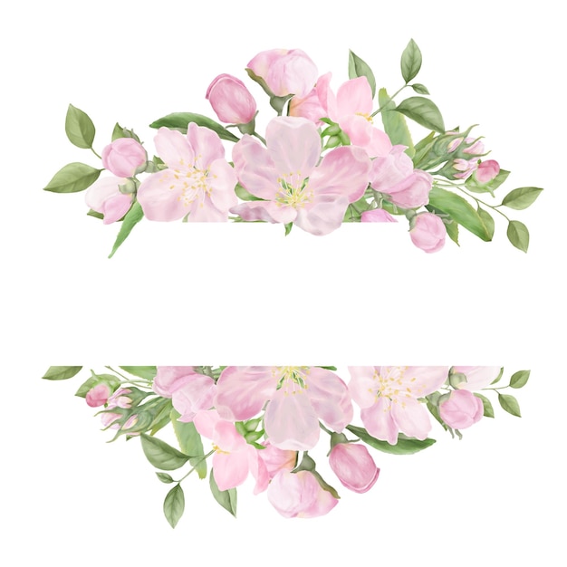 Fiori rosa delicati e rami primaverili con foglie su una cornice florale orizzontale acquerello
