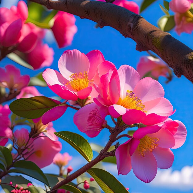 Fiori rosa di Pink Tecoma o albero di tromba Rosy Tabebuia rosea sul ramo di un albero contro l'azzurro