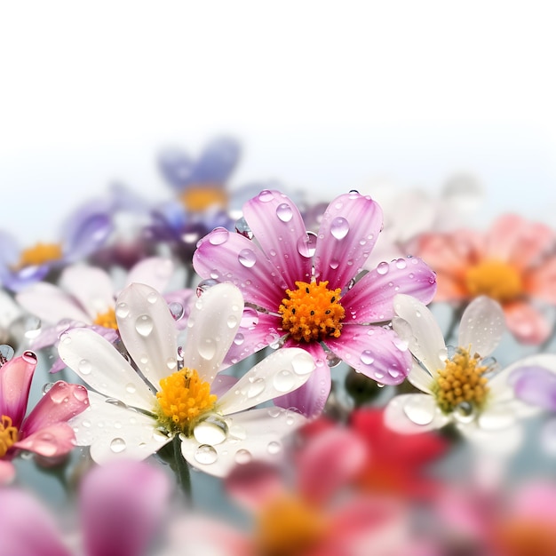 fiori rosa e bianchi con goccioline d'acqua