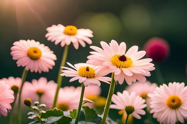 Fiori rosa e gialli in un giardino con il sole dietro di loro