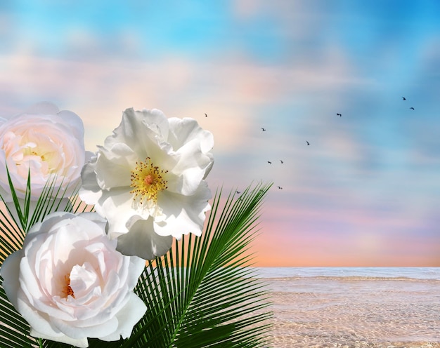 fiori rosa e pianta di palma verde mare blu e cielo rosa nuvoloso panorama, onda d'acqua