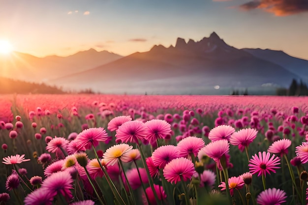 Fiori rosa in un campo di fiori con le montagne sullo sfondo