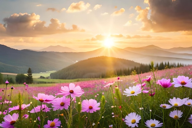 Fiori rosa in un prato con le montagne sullo sfondo