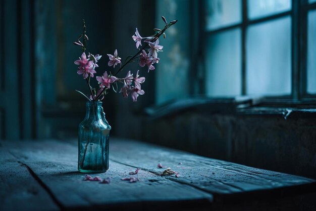 Fiori rosa in un vaso con un tavolo fuori fuoco sullo sfondo