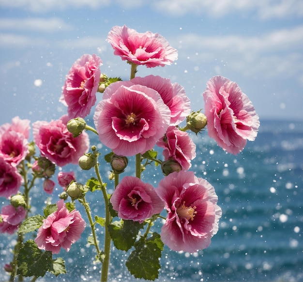 Fiori rosa malvarosa sullo sfondo del mare