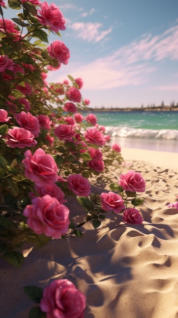 fiori rosa su una spiaggia sabbiosa vicino all'oceano ai generativa