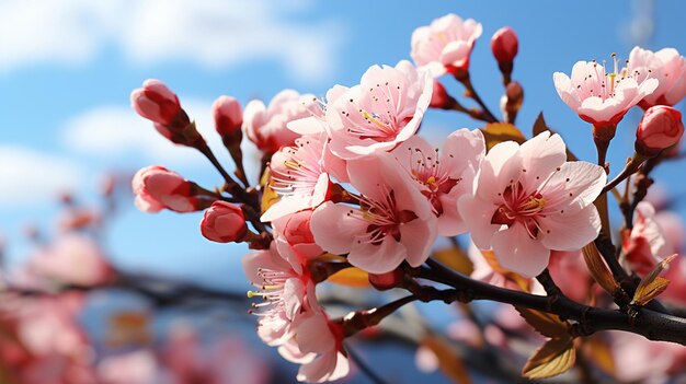 fiori rosa sui rami con un cielo blu nuvoloso