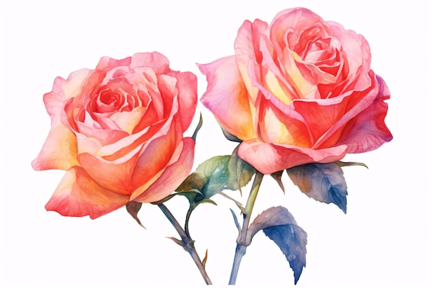 Fiori rose rami foglie e boccioli su uno sfondo bianco isolato acquerello illustrazione disegno floreale Generativo ai