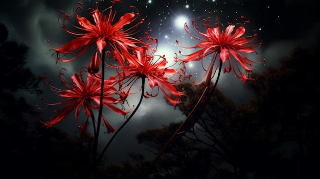 fiori rossi nella notte una luna piena