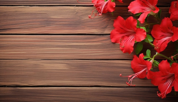 Fiori rossi su sfondo di legno marrone Vista dall'alto con spazio per la copia