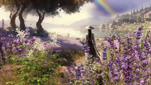 fiori selvatici campo di lavanda all'orizzonte romantici giovani camminano, cielo nuvoloso e arcobaleno