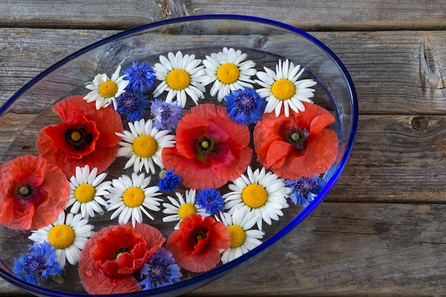 fiori selvatici che galleggiano sulla ciotola di vetro