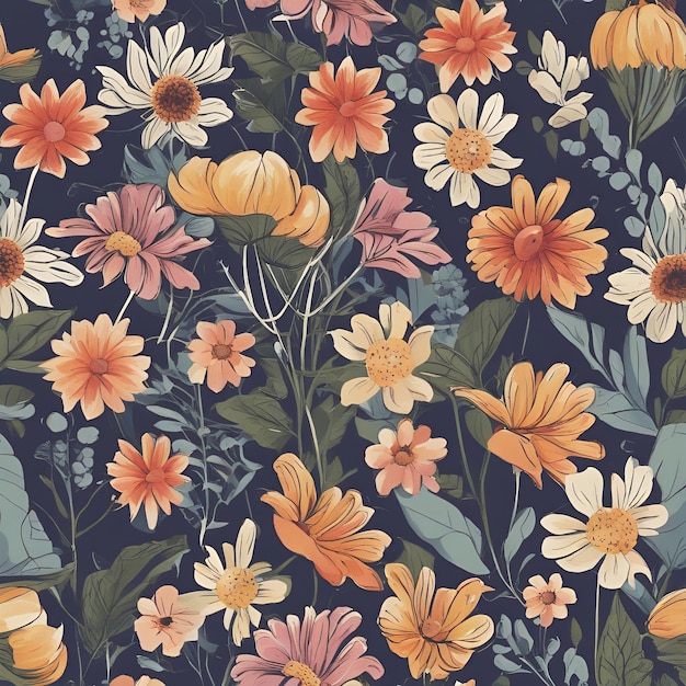 Fiori selvatici colorati carta nera pallida illustrazione molto dettagliata schizzo concetto arte inchiostro contorno