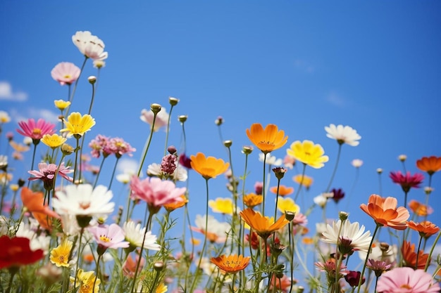 Fiori selvatici colorati contro un cielo blu limpido