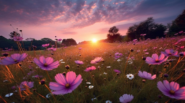 Fiori selvatici estivi in un campo con il tramonto