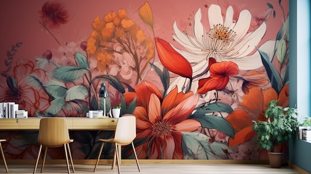 Fiori selvatici grafici dipinti su pareti colorateFloral