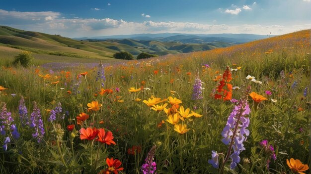 Fiori selvatici in fiore sulle colline al tramonto