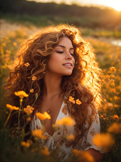 Fiori selvatici in un prato al tramonto Fotografia di una donna accattivante immersa nel bagliore dorato di