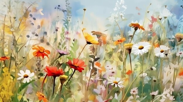 fiori selvatici multicolori acquerello disegno di campo estate