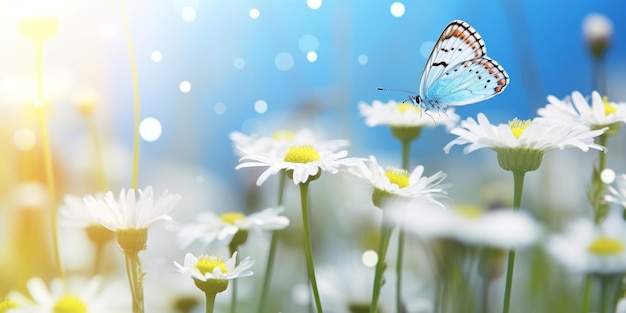 fiori selvatici sul campo a gocce di rugiada mattutina e paesaggio naturale delle farfalle