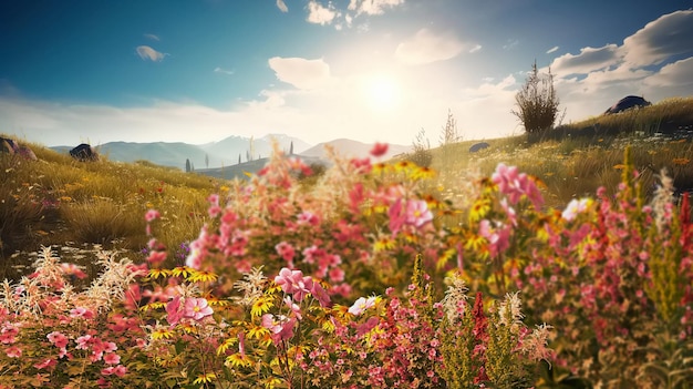 fiori selvatici sul campo all'orizzonte Montagne e alberi cielo blu con nuvole bianche natura floreale